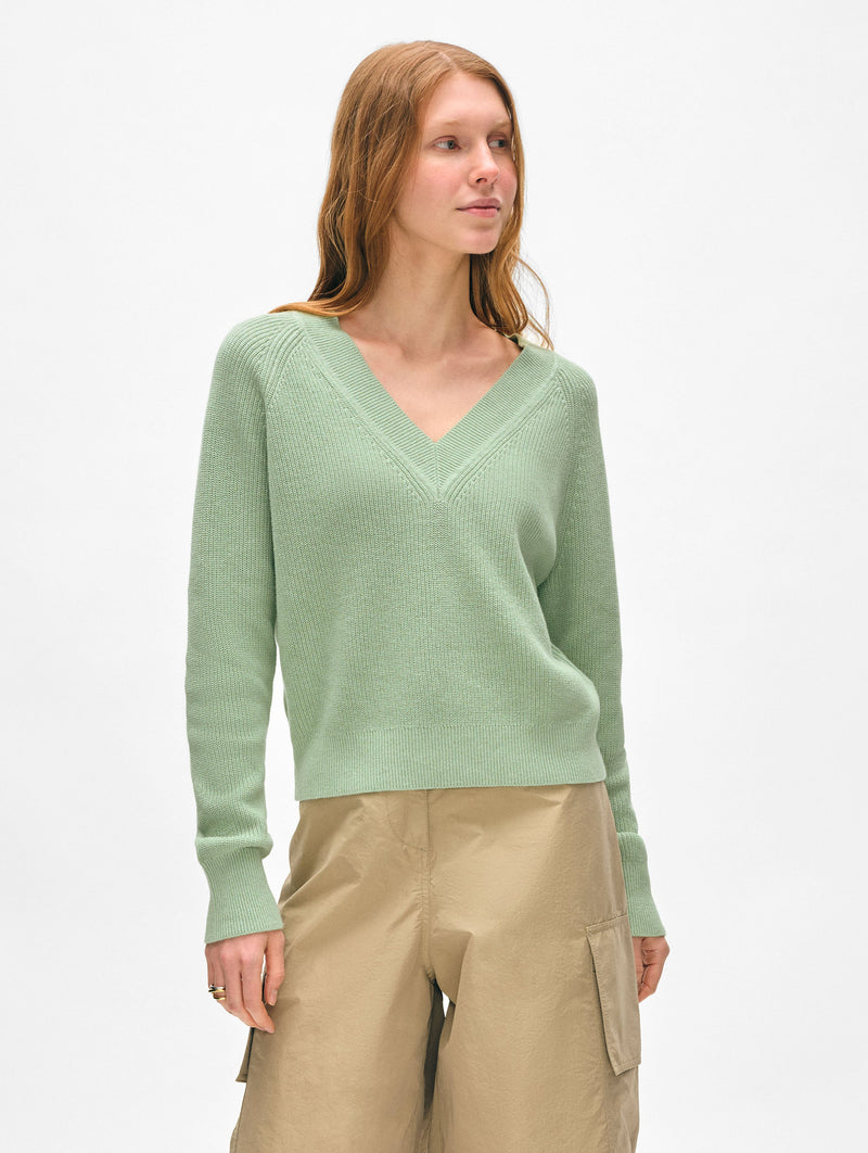 Fine Cotton Blend Ribbed V Neck