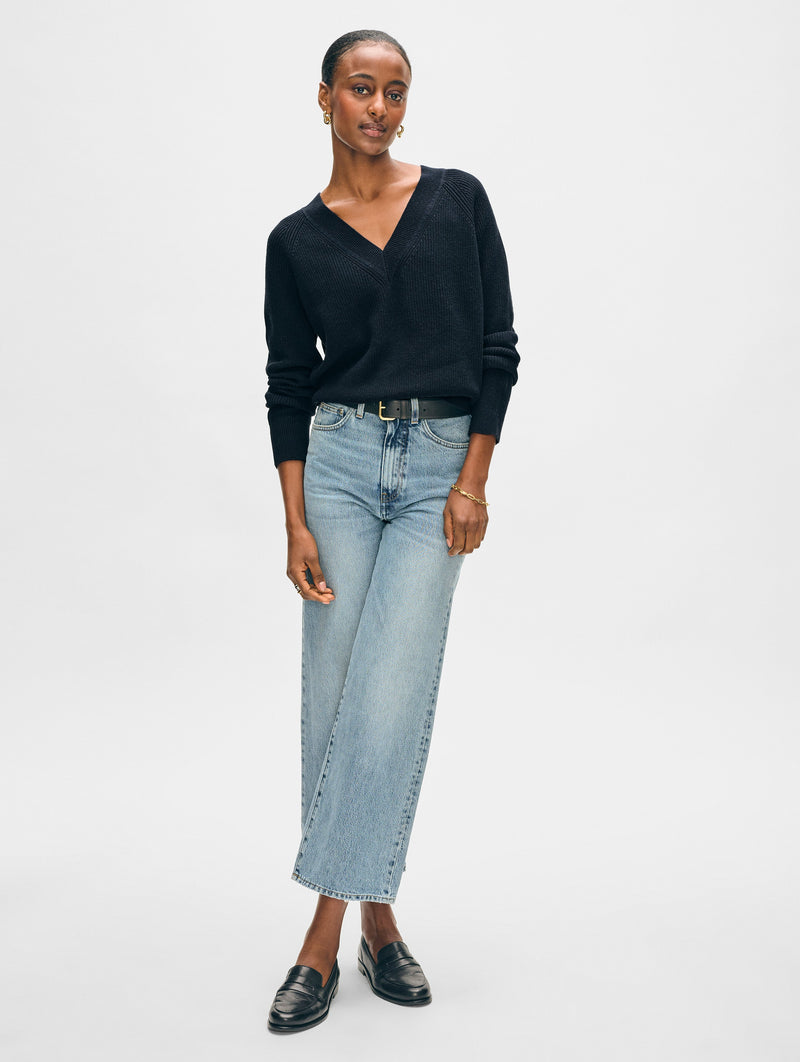 Fine Cotton Blend Ribbed V Neck