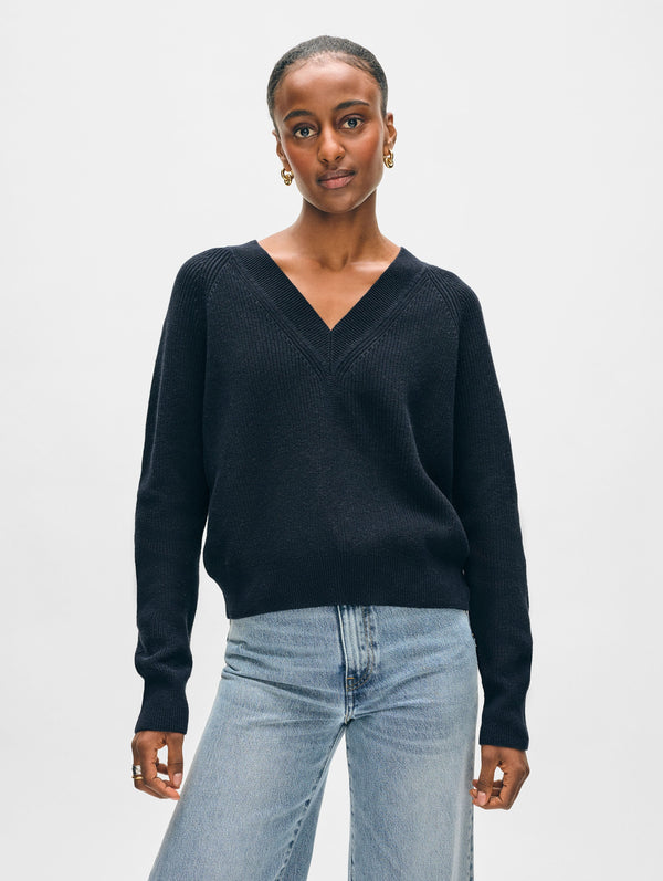 Fine Cotton Blend Ribbed V Neck