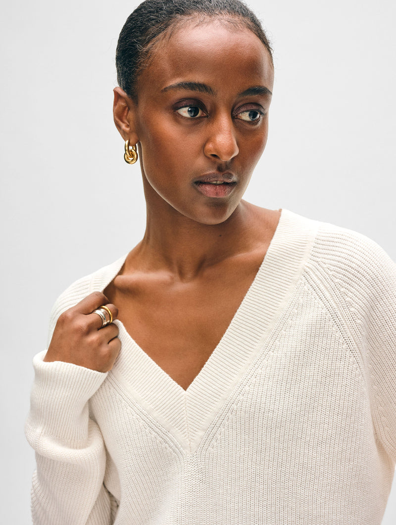 Fine Cotton Blend Ribbed V Neck