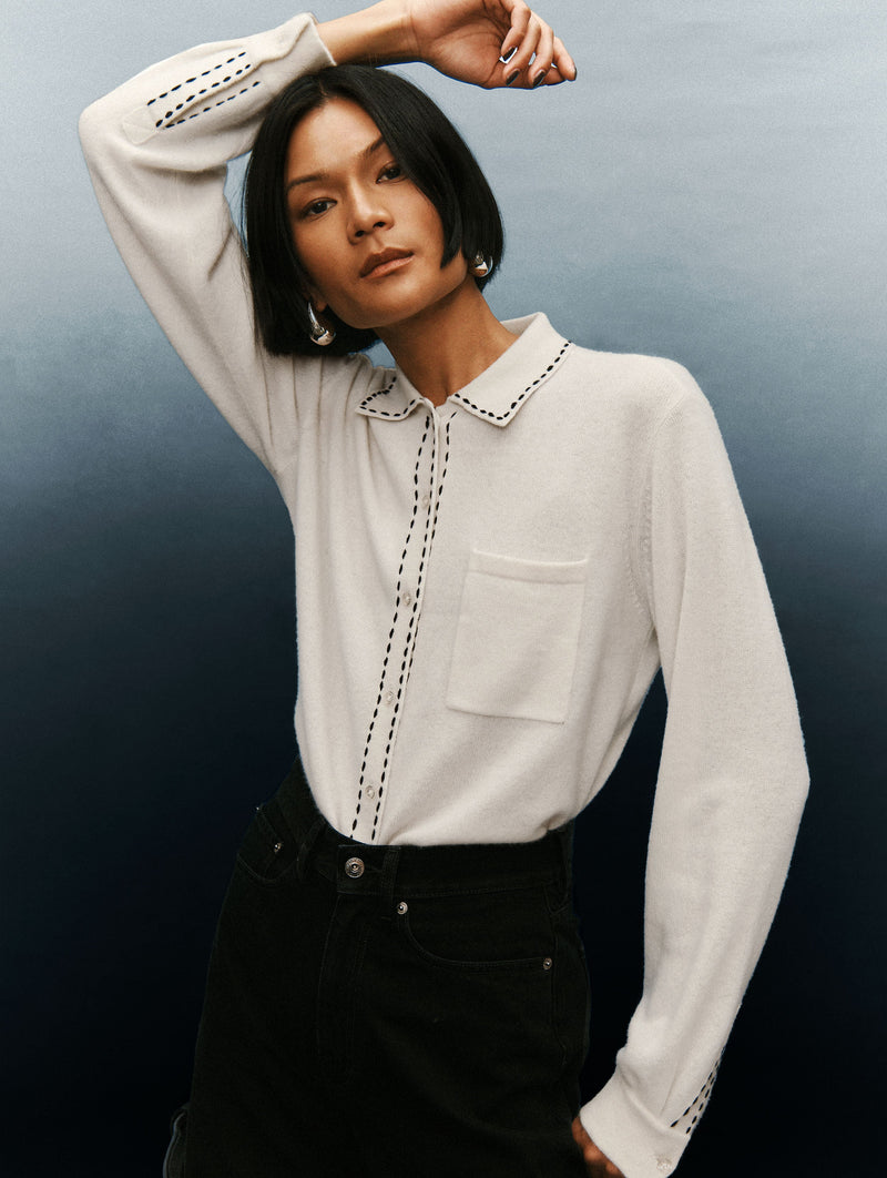 Cashmere Embroidered Trim Button Down Shirt