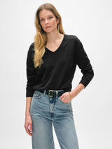 Linen Blend Rib Trim V Neck