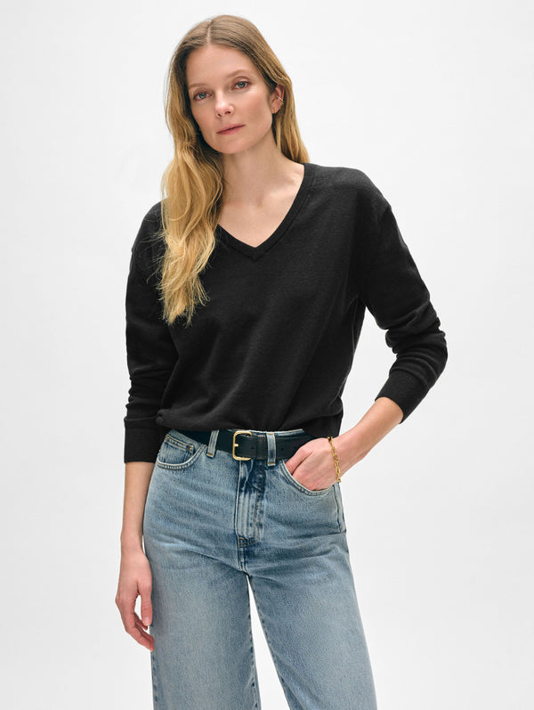 Linen Blend Rib Trim V Neck