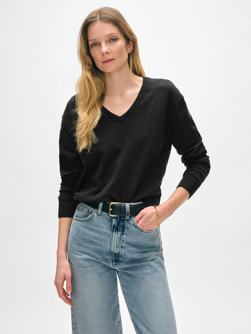 Linen Blend Rib Trim V Neck