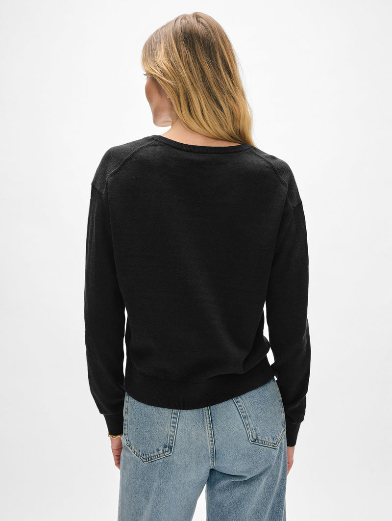 Linen Blend Rib Trim V Neck