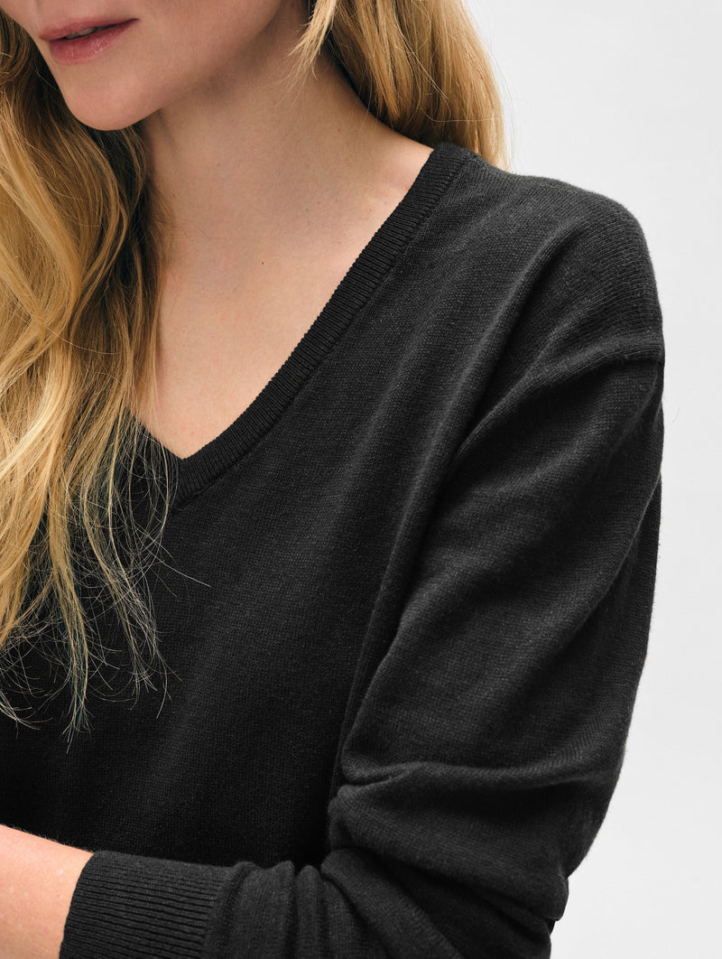 Linen Blend Rib Trim V Neck