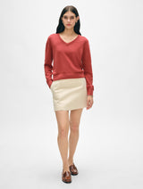 Linen Blend Rib Trim V Neck