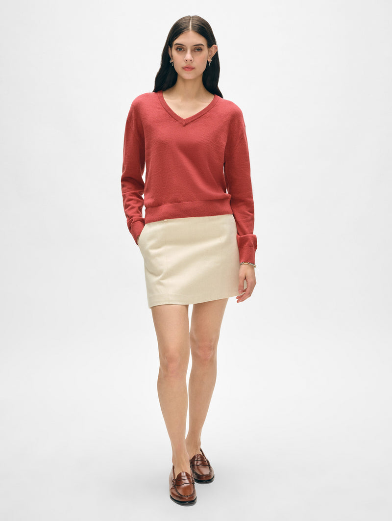 Linen Blend Rib Trim V Neck