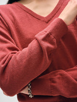 Linen Blend Rib Trim V Neck