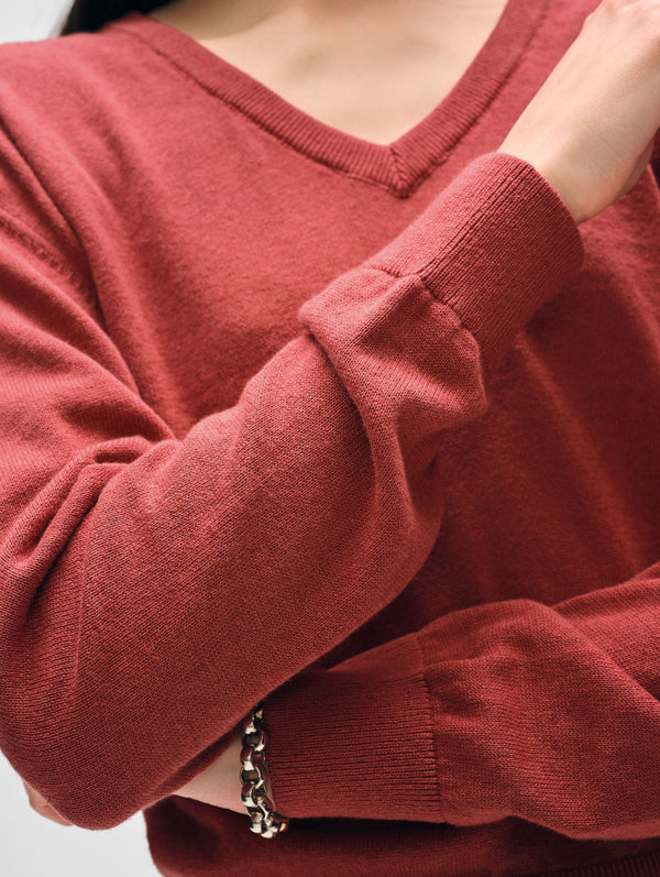 Linen Blend Rib Trim V Neck