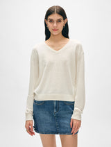 Linen Blend Rib Trim V Neck