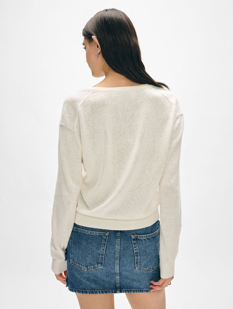 Linen Blend Rib Trim V Neck