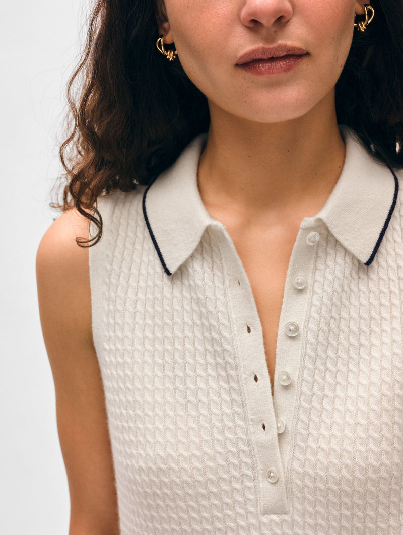 Cashmere Cable Sleeveless Polo