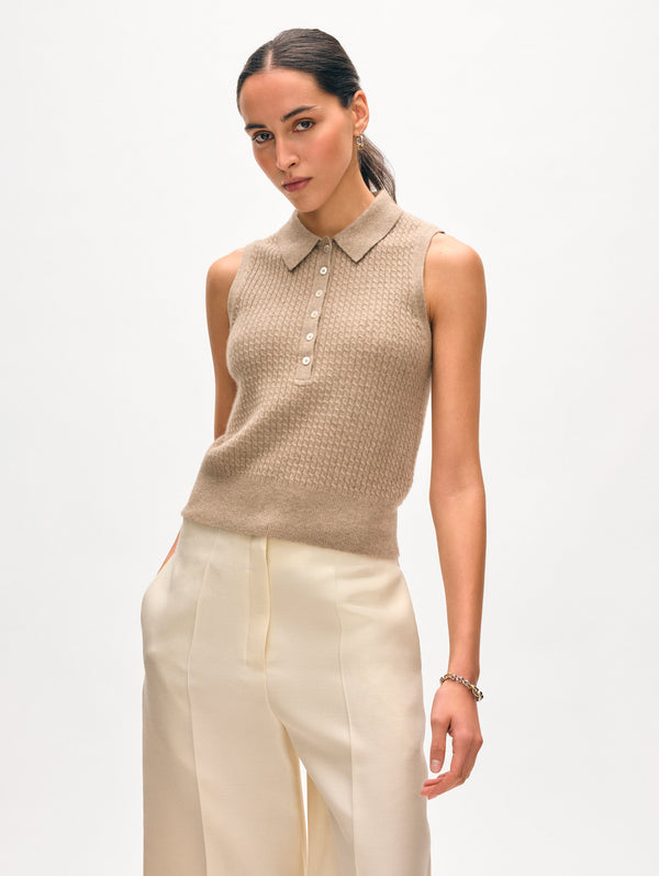 Cashmere Cable Sleeveless Polo