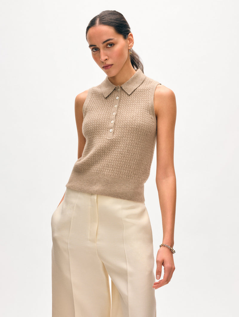 Cashmere Cable Sleeveless Polo