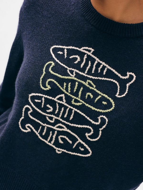 Cashmere Sardine Embroidered Crewneck